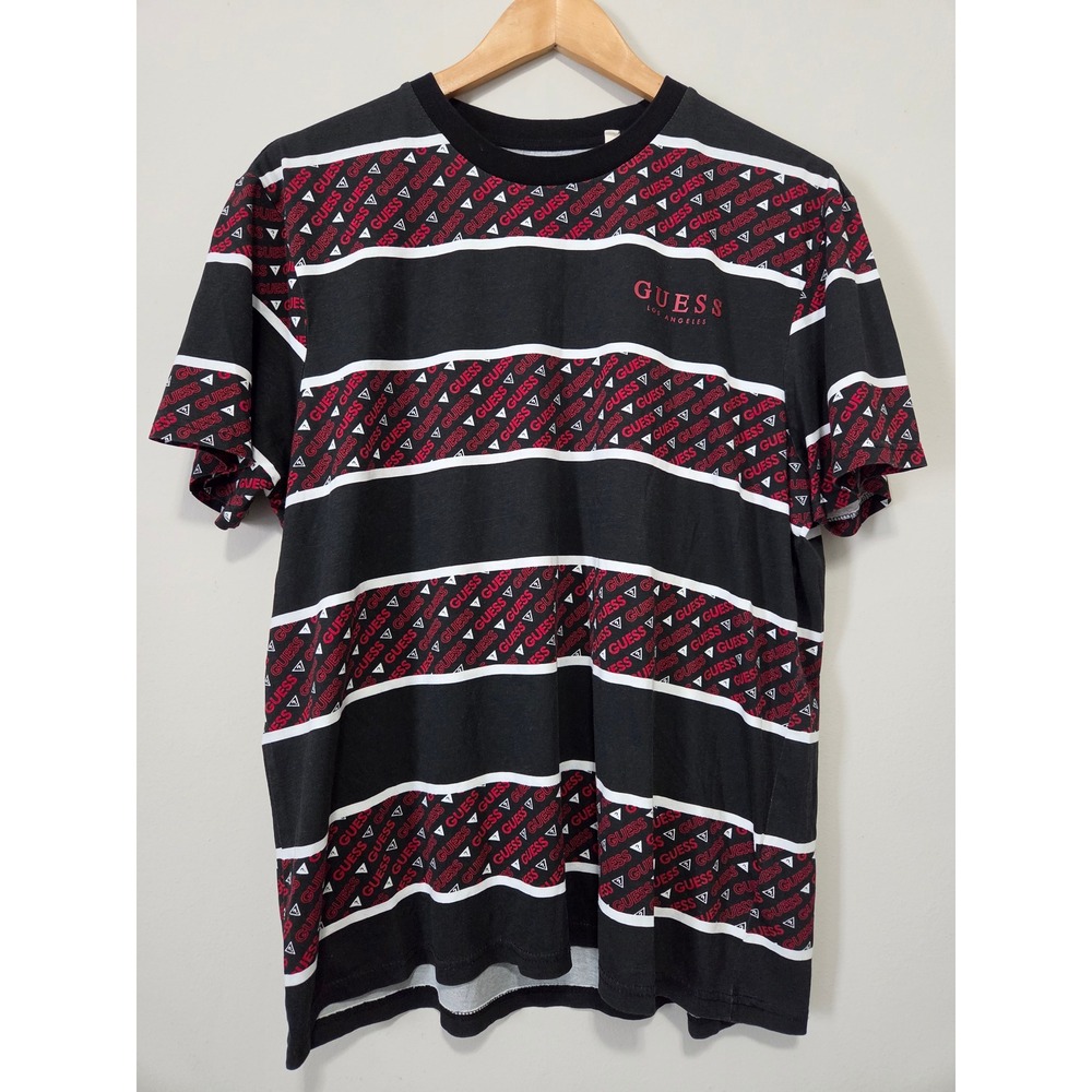 Guess Mens Logo Stripe T-Shirt Black Red White Crew Neck Tee Large T2GI11KB9H0